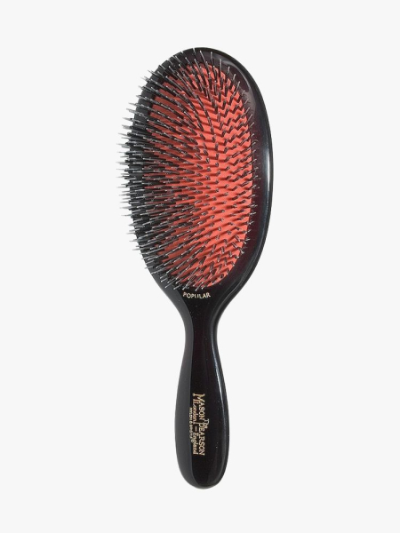Mason Pearson Popular Bristle & Nylon Hairbrush black and red hairbrush on light gray background